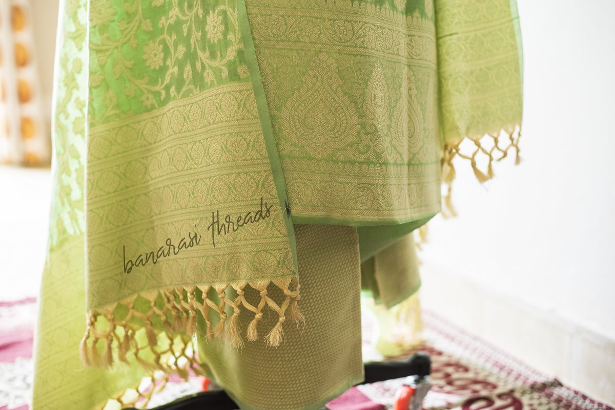 Mehendi Green Unstitched Chanderi Silk Dress Material - Deepamsilksbangalore