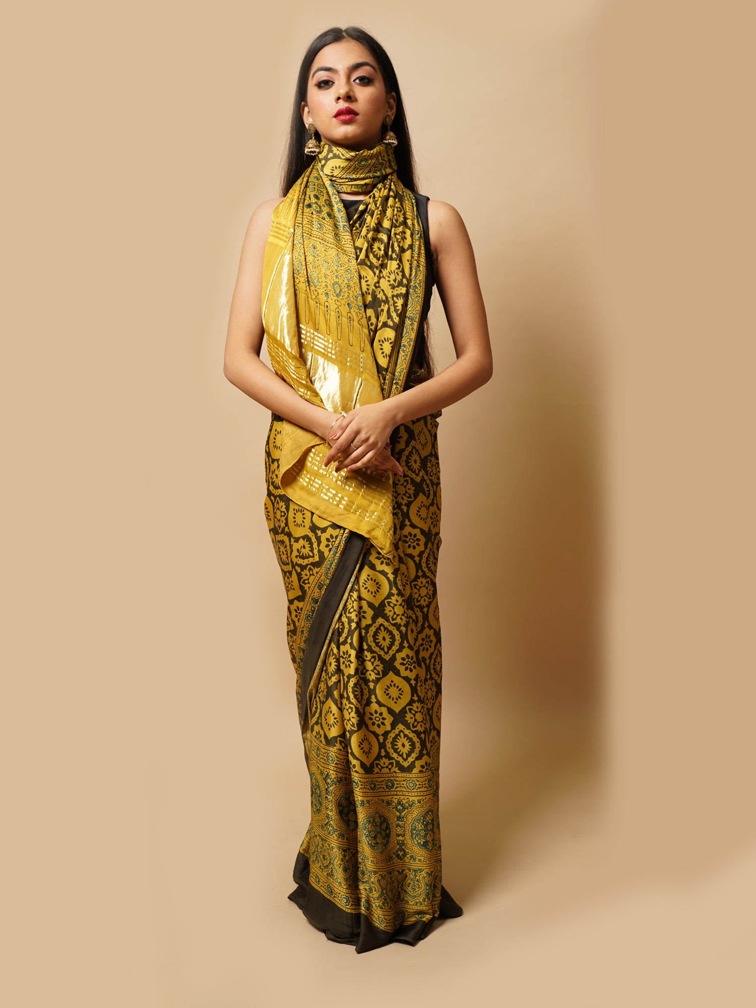 Brown and light mustard Ajrakh saree on modal silk - Junk Dazzle