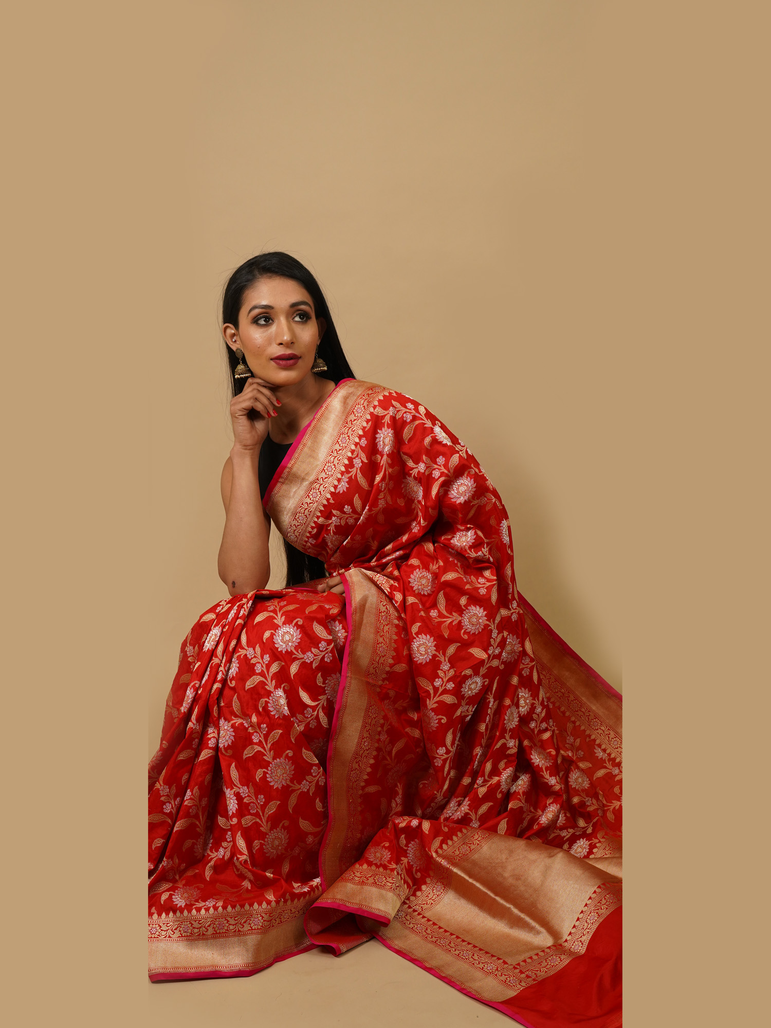 Pure Red color Banarasi Jangla Katan Silk Saree – Banarasi threads