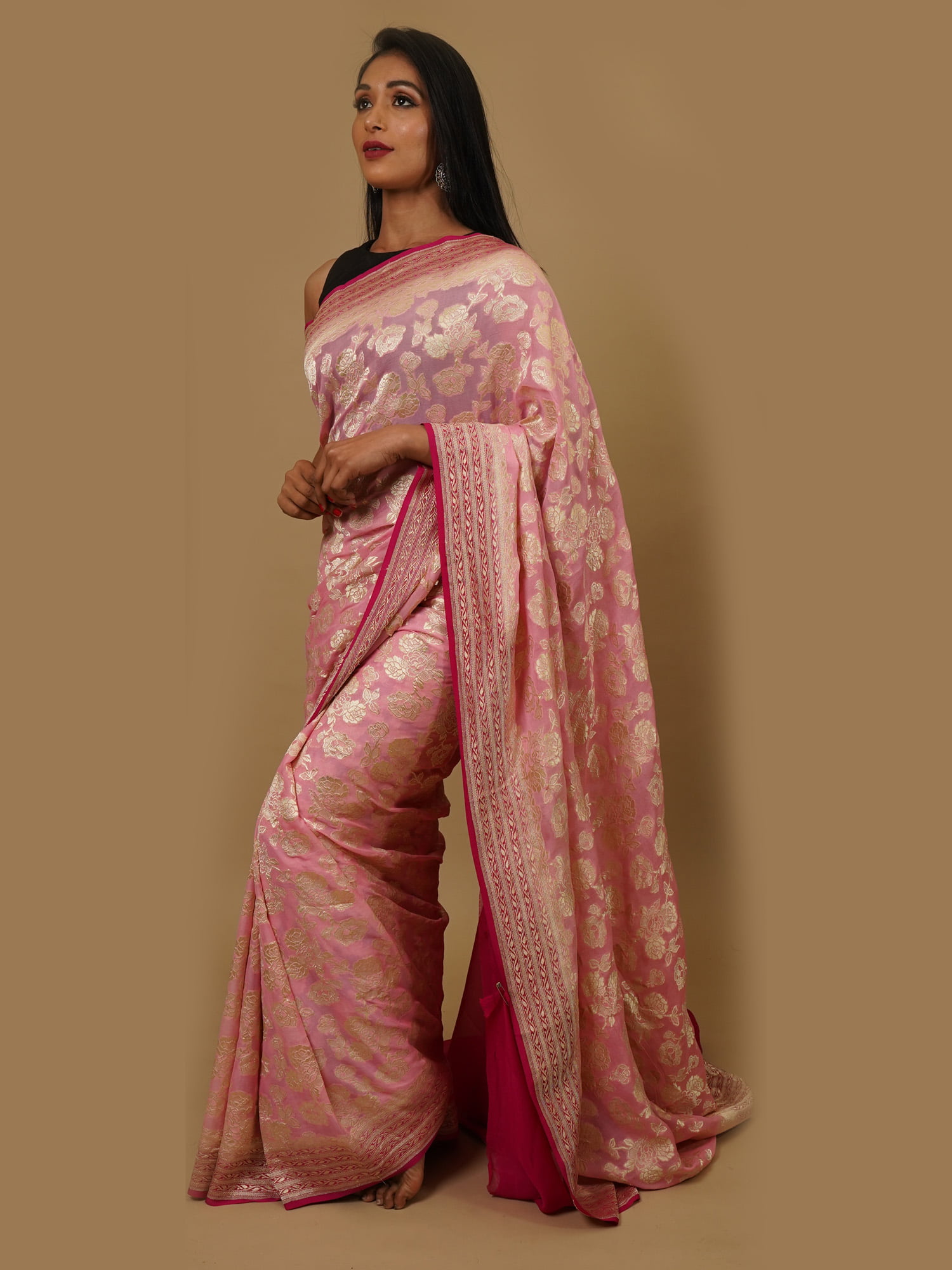 Gorgeous Neon Pink Georgette Saree With Khaddi Craft In Silver Zari