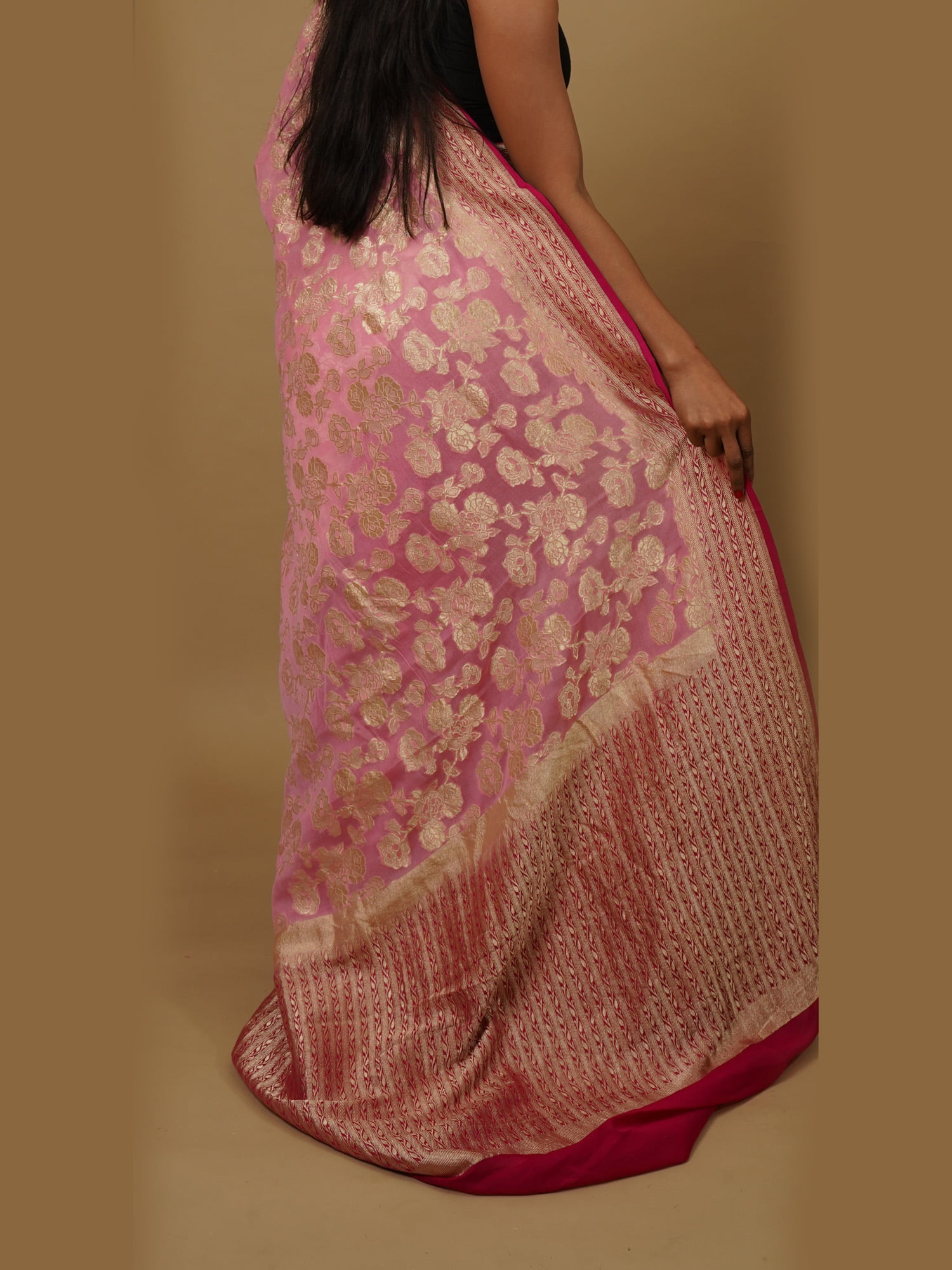 Gorgeous Neon Pink Georgette Saree With Khaddi Craft In Silver Zari